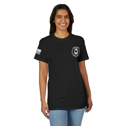 Astronaut Rescue Team Cotton-Poly DryBlend Tee American Flag Sleeve, Firefighter Work Tee, Space Center Fire Rescue Shirt, Rocket Launch First Responder Gift