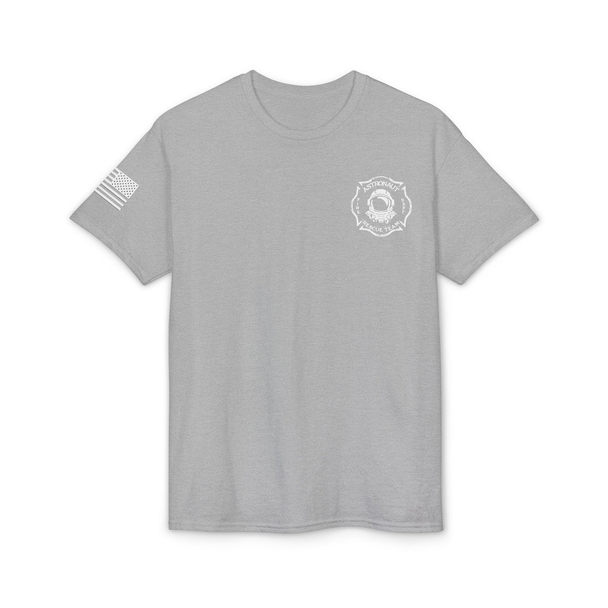 Astronaut Rescue Team Cotton-Poly DryBlend Tee American Flag Sleeve, Firefighter Work Tee, Space Center Fire Rescue Shirt, Rocket Launch First Responder Gift