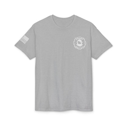 Astronaut Rescue Team Cotton-Poly DryBlend Tee American Flag Sleeve, Firefighter Work Tee, Space Center Fire Rescue Shirt, Rocket Launch First Responder Gift