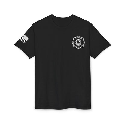 Astronaut Rescue Team Cotton-Poly DryBlend Tee American Flag Sleeve, Firefighter Work Tee, Space Center Fire Rescue Shirt, Rocket Launch First Responder Gift