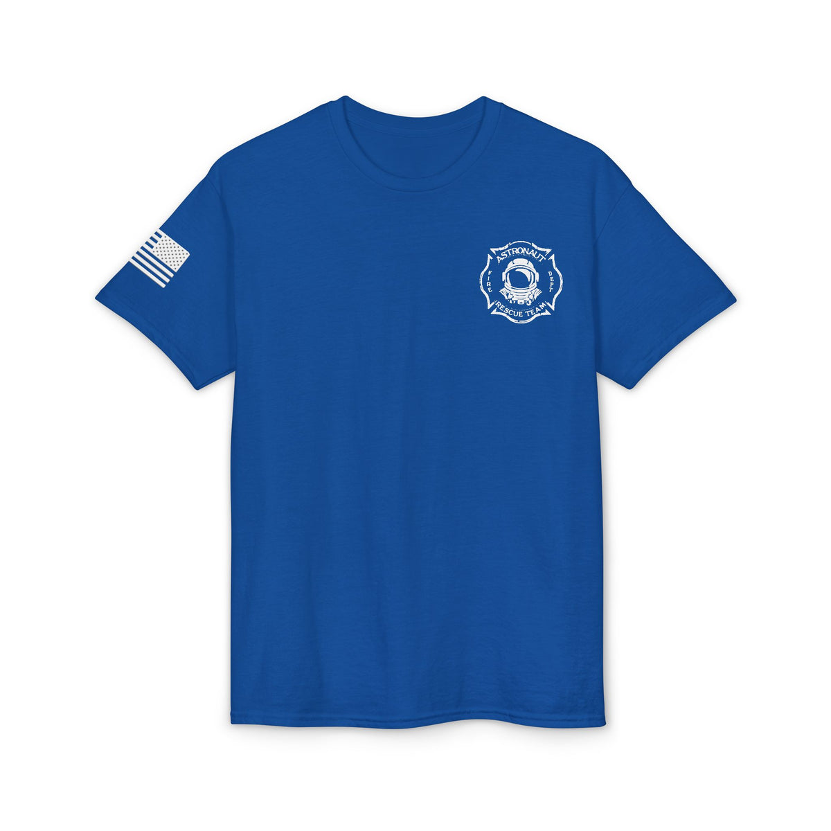Astronaut Rescue Team Cotton-Poly DryBlend Tee American Flag Sleeve, Firefighter Work Tee, Space Center Fire Rescue Shirt, Rocket Launch First Responder Gift