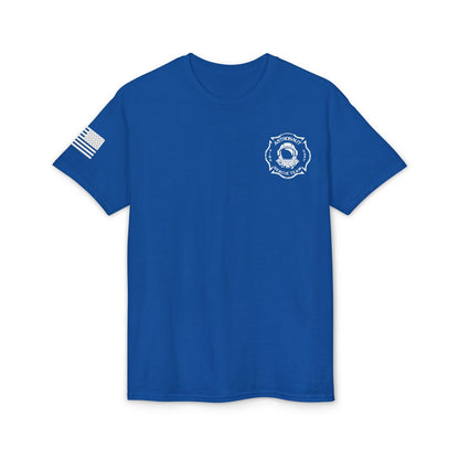 Astronaut Rescue Team Cotton-Poly DryBlend Tee American Flag Sleeve, Firefighter Work Tee, Space Center Fire Rescue Shirt, Rocket Launch First Responder Gift