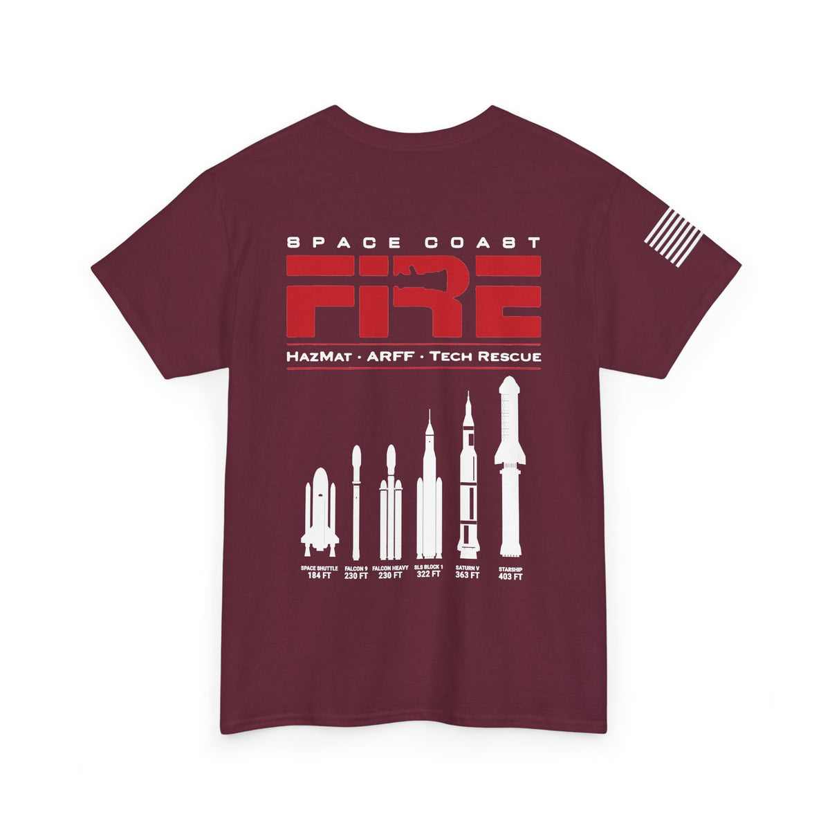Space Center Fire Rescue Rocket Launch T-Shirt, American Flag Sleeve, Space Coast Fire Dept Firefighter Tee, First Responder Gift