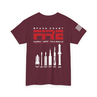 Space Center Fire Rescue Rocket Launch T-Shirt, American Flag Sleeve, Space Coast Fire Dept Firefighter Tee, First Responder Gift