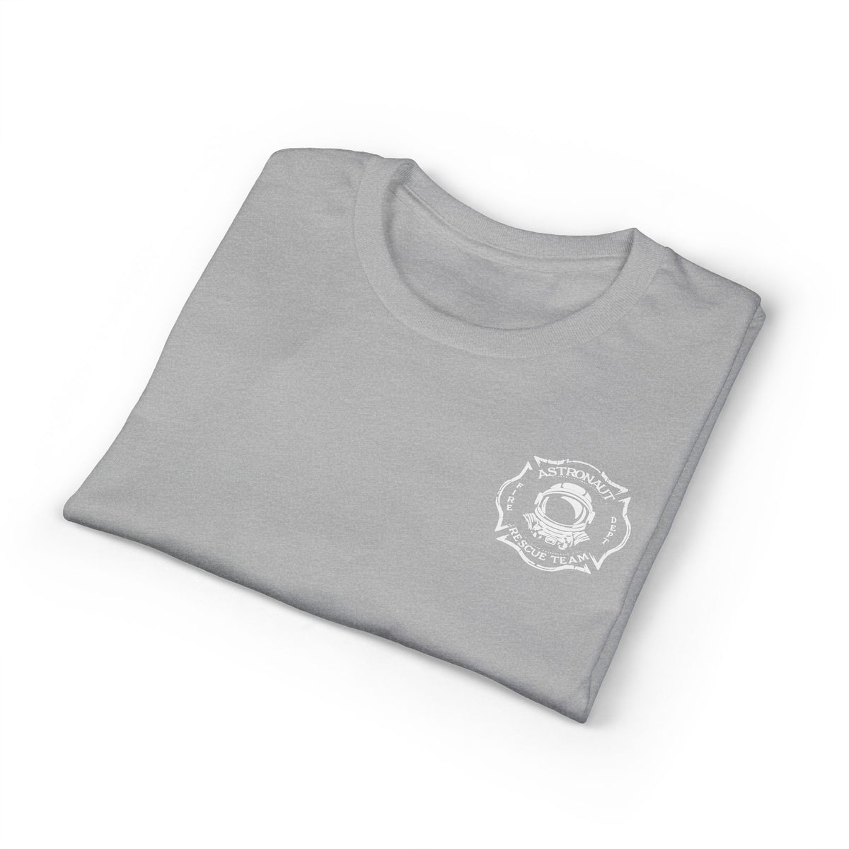 Astronaut Rescue Team Cotton-Poly DryBlend Tee American Flag Sleeve, Firefighter Work Tee, Space Center Fire Rescue Shirt, Rocket Launch First Responder Gift