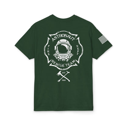 Astronaut Rescue Team Cotton-Poly DryBlend Tee American Flag Sleeve, Firefighter Work Tee, Space Center Fire Rescue Shirt, Rocket Launch First Responder Gift