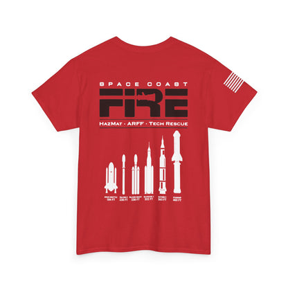Space Center Fire Rescue Rocket Launch T-Shirt, American Flag Sleeve, Space Coast Fire Dept Firefighter Tee, First Responder Gift