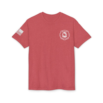 Astronaut Rescue Team Cotton-Poly DryBlend Tee American Flag Sleeve, Firefighter Work Tee, Space Center Fire Rescue Shirt, Rocket Launch First Responder Gift
