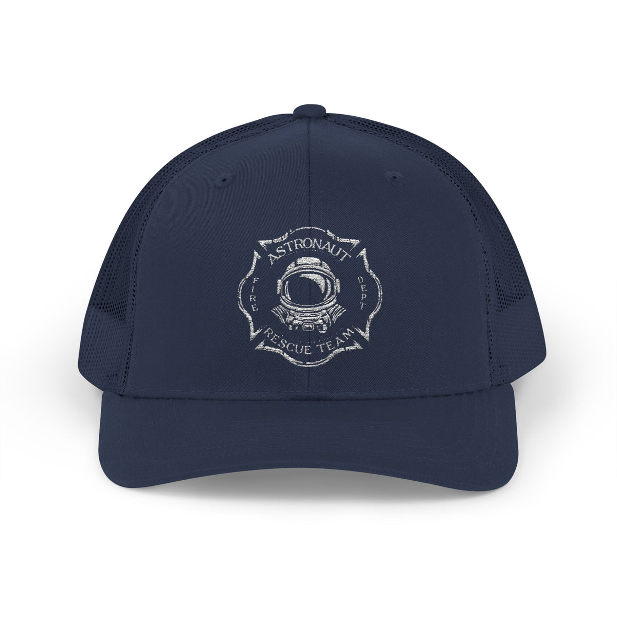 Firefighter Astronaut Rescue Team Trucker Hat, Embroidered Snapback, Space Center Fire Dept Gift, Maltese Cross Rocket Launch Cap