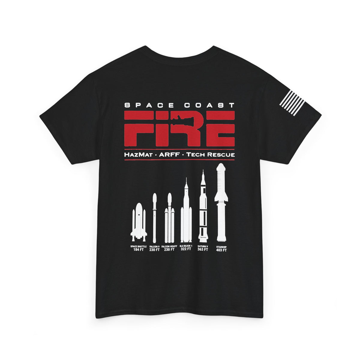 Space Center Fire Rescue Rocket Launch T-Shirt, American Flag Sleeve, Space Coast Fire Dept Firefighter Tee, First Responder Gift