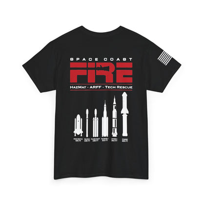 Space Center Fire Rescue Rocket Launch T-Shirt, American Flag Sleeve, Space Coast Fire Dept Firefighter Tee, First Responder Gift