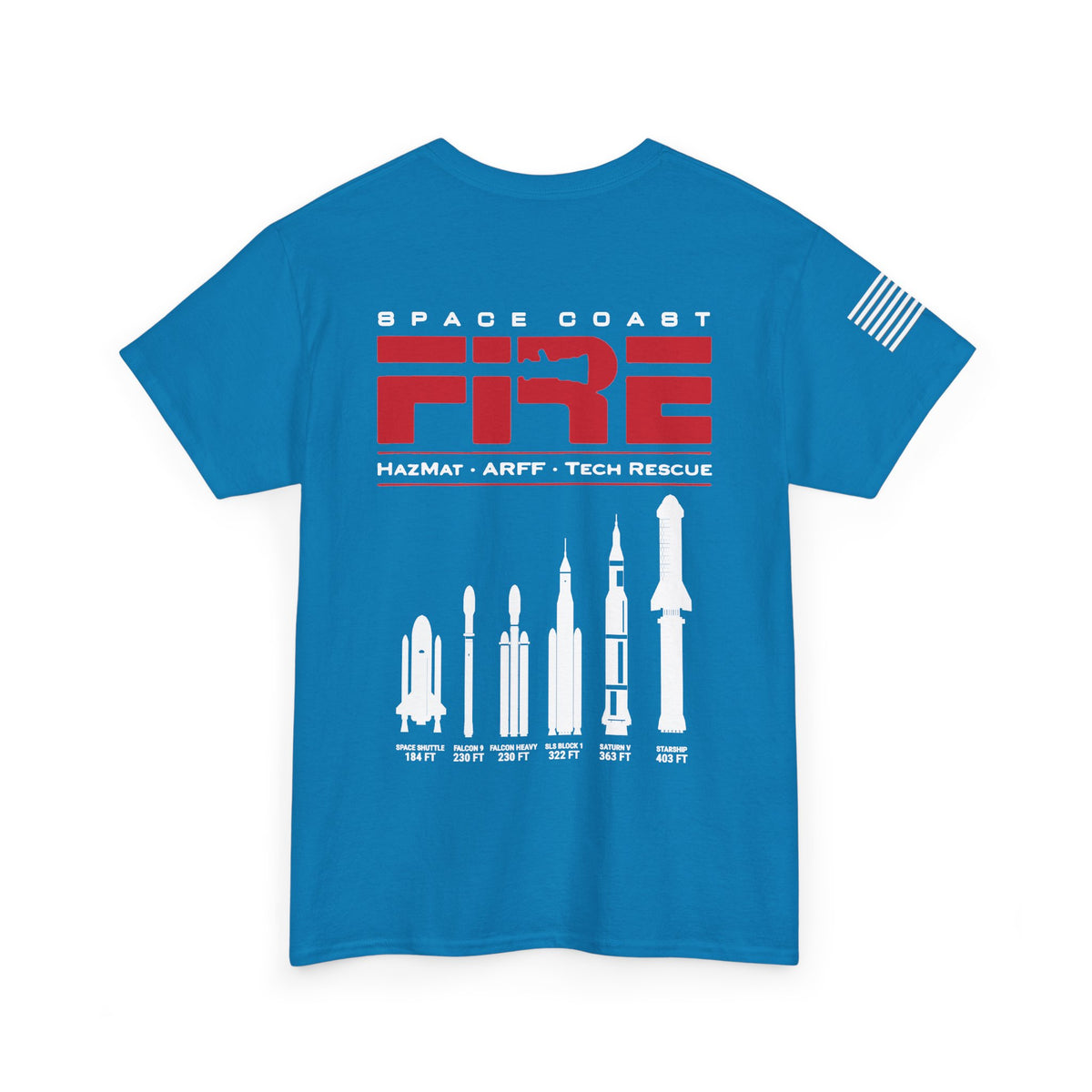 Space Center Fire Rescue Rocket Launch T-Shirt, American Flag Sleeve, Space Coast Fire Dept Firefighter Tee, First Responder Gift