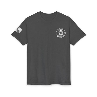 Astronaut Rescue Team Cotton-Poly DryBlend Tee American Flag Sleeve, Firefighter Work Tee, Space Center Fire Rescue Shirt, Rocket Launch First Responder Gift