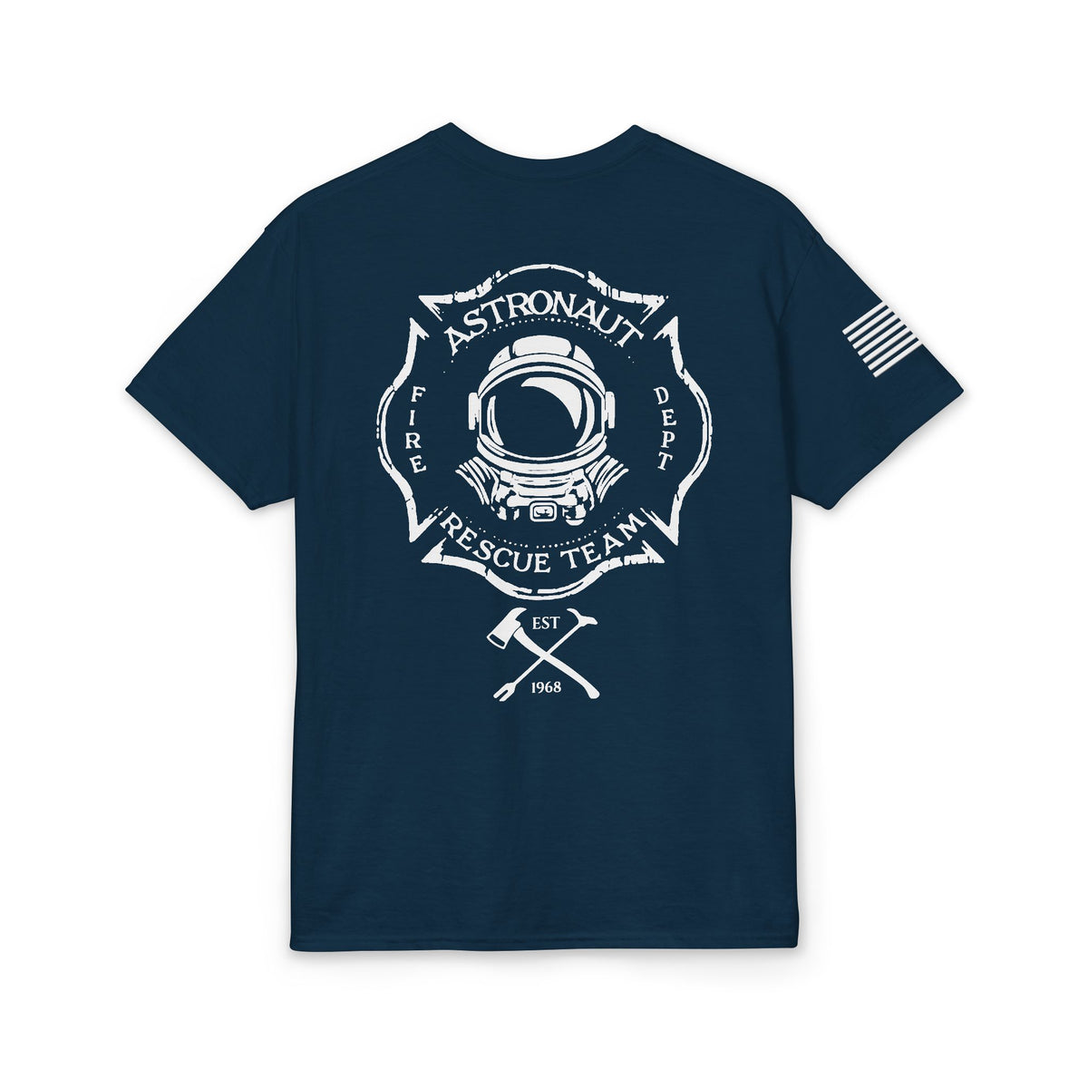 Astronaut Rescue Team Cotton-Poly DryBlend Tee American Flag Sleeve, Firefighter Work Tee, Space Center Fire Rescue Shirt, Rocket Launch First Responder Gift
