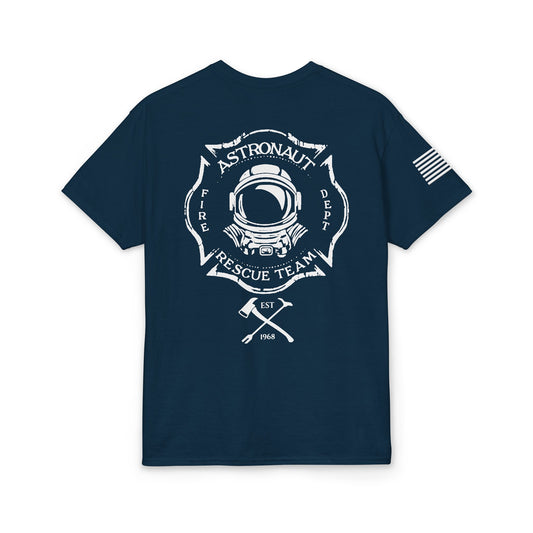 Astronaut Rescue Team Cotton-Poly DryBlend Tee American Flag Sleeve, Firefighter Work Tee, Space Center Fire Rescue Shirt, Rocket Launch First Responder Gift