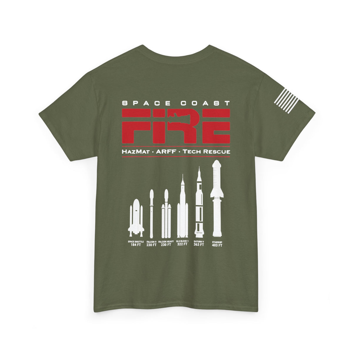 Space Center Fire Rescue Rocket Launch T-Shirt, American Flag Sleeve, Space Coast Fire Dept Firefighter Tee, First Responder Gift