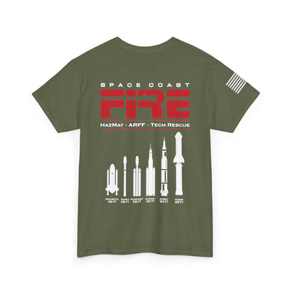 Space Center Fire Rescue Rocket Launch T-Shirt, American Flag Sleeve, Space Coast Fire Dept Firefighter Tee, First Responder Gift
