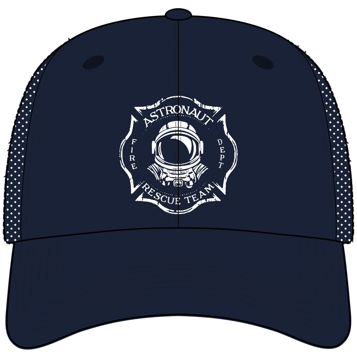 Astronaut Rescue Team Flexfit Mesh Cap, Embroidered Maltese Cross Firefighter Hat, Space Center Fire Rescue Gift for Space Fans