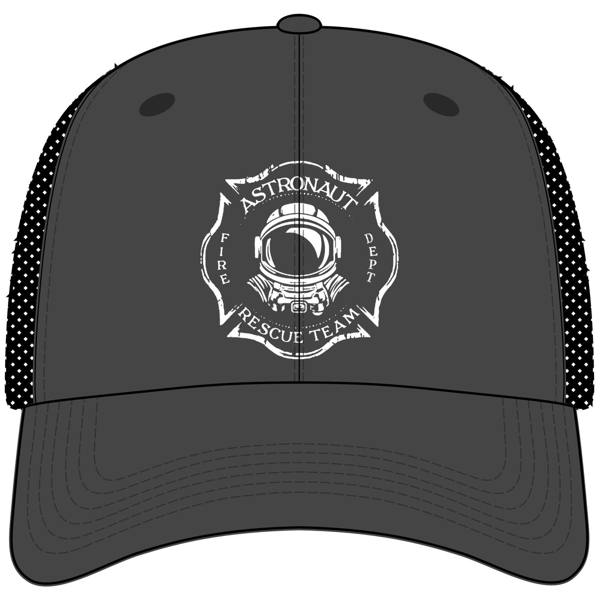 Astronaut Rescue Team Flexfit Mesh Cap, Embroidered Maltese Cross Firefighter Hat, Space Center Fire Rescue Gift for Space Fans
