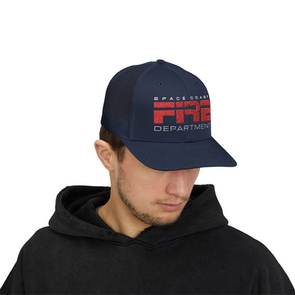 Space Coast Fire Department Vintage Trucker Cap, Embroidered Firefighter Hat, Space Fan Gift