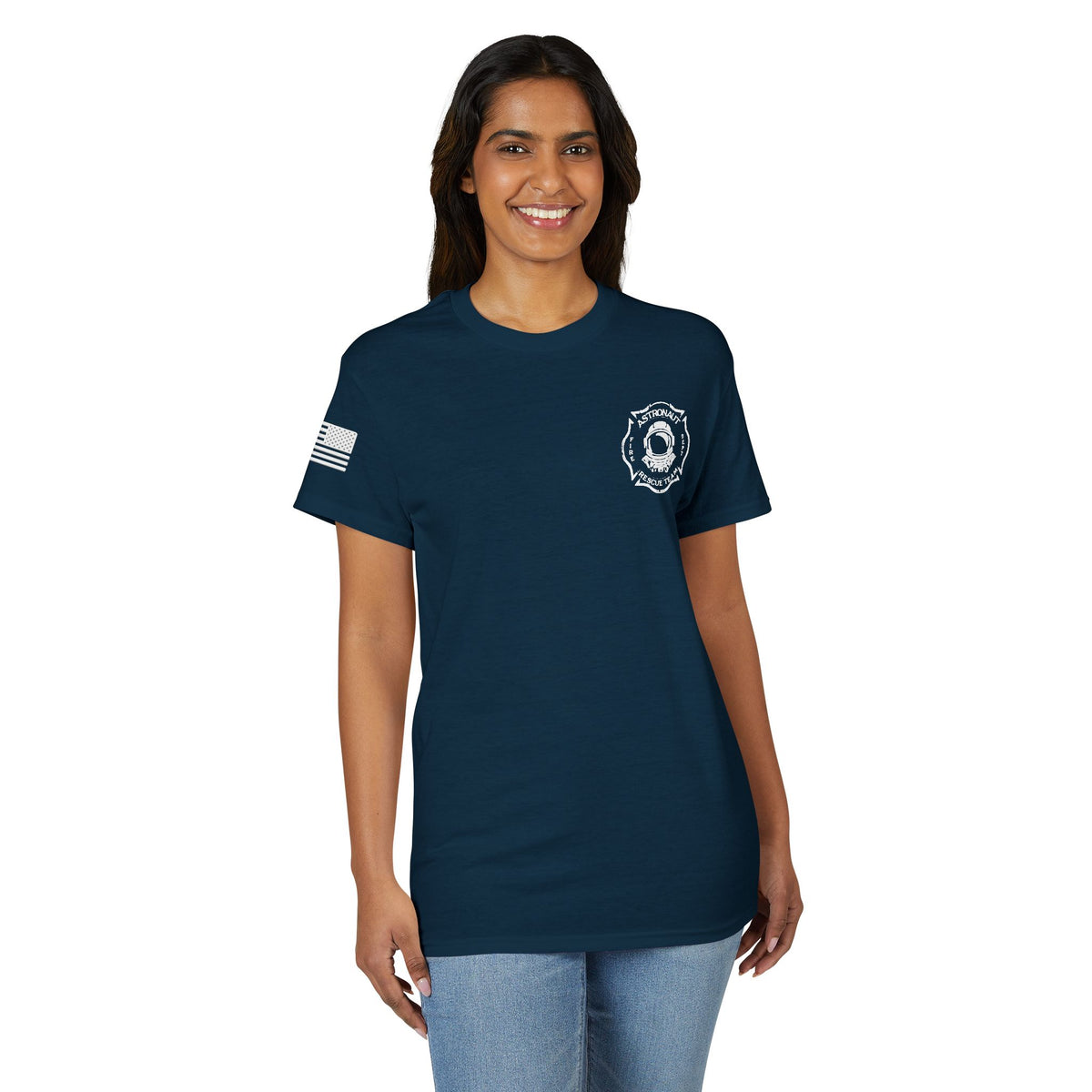 Astronaut Rescue Team Cotton-Poly DryBlend Tee American Flag Sleeve, Firefighter Work Tee, Space Center Fire Rescue Shirt, Rocket Launch First Responder Gift