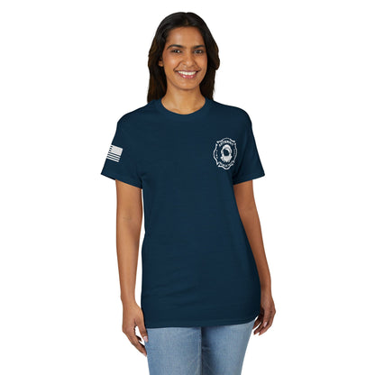 Astronaut Rescue Team Cotton-Poly DryBlend Tee American Flag Sleeve, Firefighter Work Tee, Space Center Fire Rescue Shirt, Rocket Launch First Responder Gift