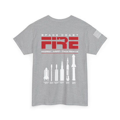 Space Center Fire Rescue Rocket Launch T-Shirt, American Flag Sleeve, Space Coast Fire Dept Firefighter Tee, First Responder Gift