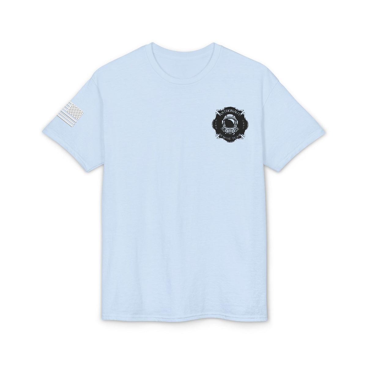 Astronaut Rescue Team Cotton-Poly DryBlend Tee American Flag Sleeve, Firefighter Work Tee, Space Center Fire Rescue Shirt, Rocket Launch First Responder Gift