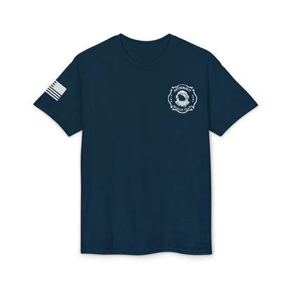 Astronaut Rescue Team Cotton-Poly DryBlend Tee American Flag Sleeve, Firefighter Work Tee, Space Center Fire Rescue Shirt, Rocket Launch First Responder Gift