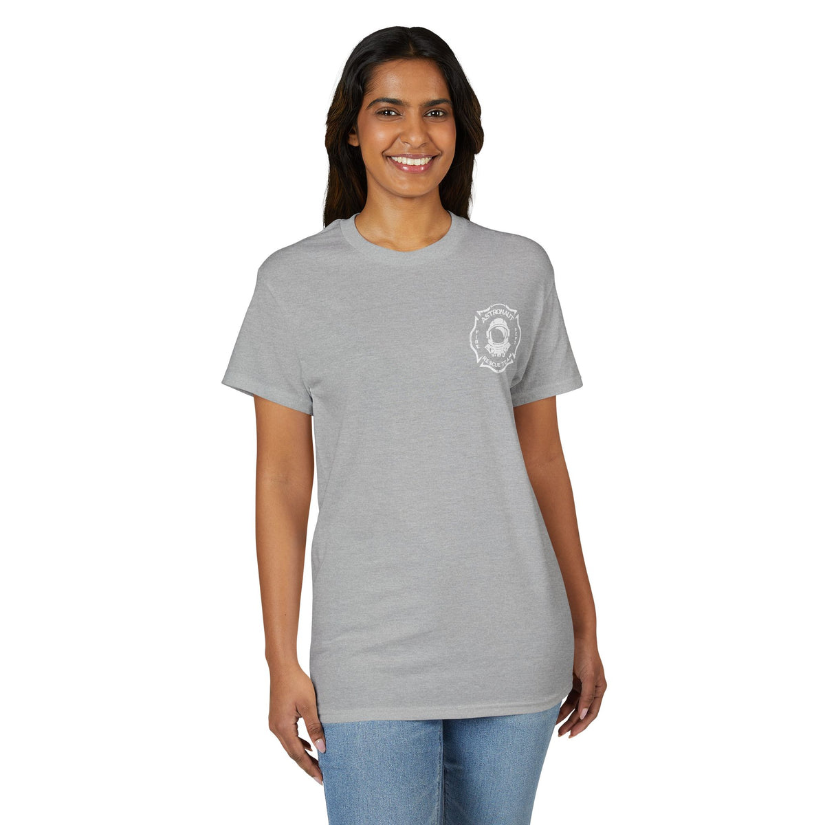 Astronaut Rescue Team Cotton-Poly DryBlend Tee, Firefighter Work Tee, Space Center Fire Rescue Shirt, Rocket Launch First Responder Gift