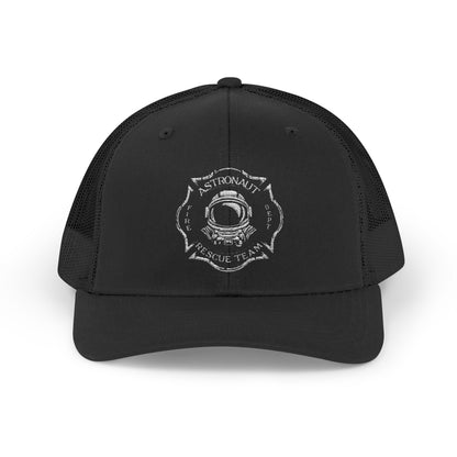 Firefighter Astronaut Rescue Team Trucker Hat, Embroidered Snapback, Space Center Fire Dept Gift, Maltese Cross Rocket Launch Cap