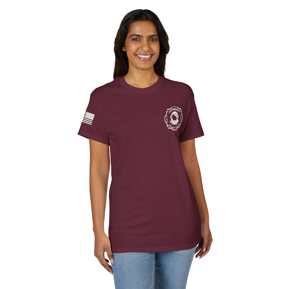 Astronaut Rescue Team Cotton-Poly DryBlend Tee American Flag Sleeve, Firefighter Work Tee, Space Center Fire Rescue Shirt, Rocket Launch First Responder Gift